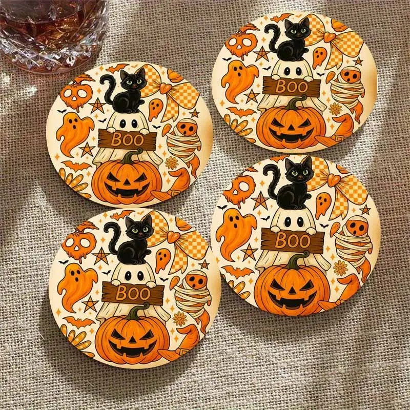 4pcs,  Halloween Wooden Coaster Set - Cute Ghost, Black Cat, Pumpkin, Mummy And Skull, with BOO! Lettering - Absorbent Round Drink Coasters for Horror Party Decorations, Gothic Table Settings