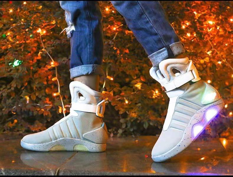 Stylish White USB-Rechargeable Glow-in-the-Dark High-Top Sneakers with Neon Lights & Stripes for Street Dancing & Nighttime Exercise back  to  the  future  shoes