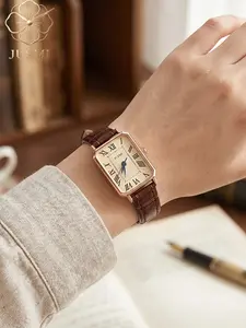 Jusmi Women's Vintage Square Dial Roman Numerals Watch, Elegant Leather Strap Analog Quartz Movement Watch, All Seasons Analog Watch