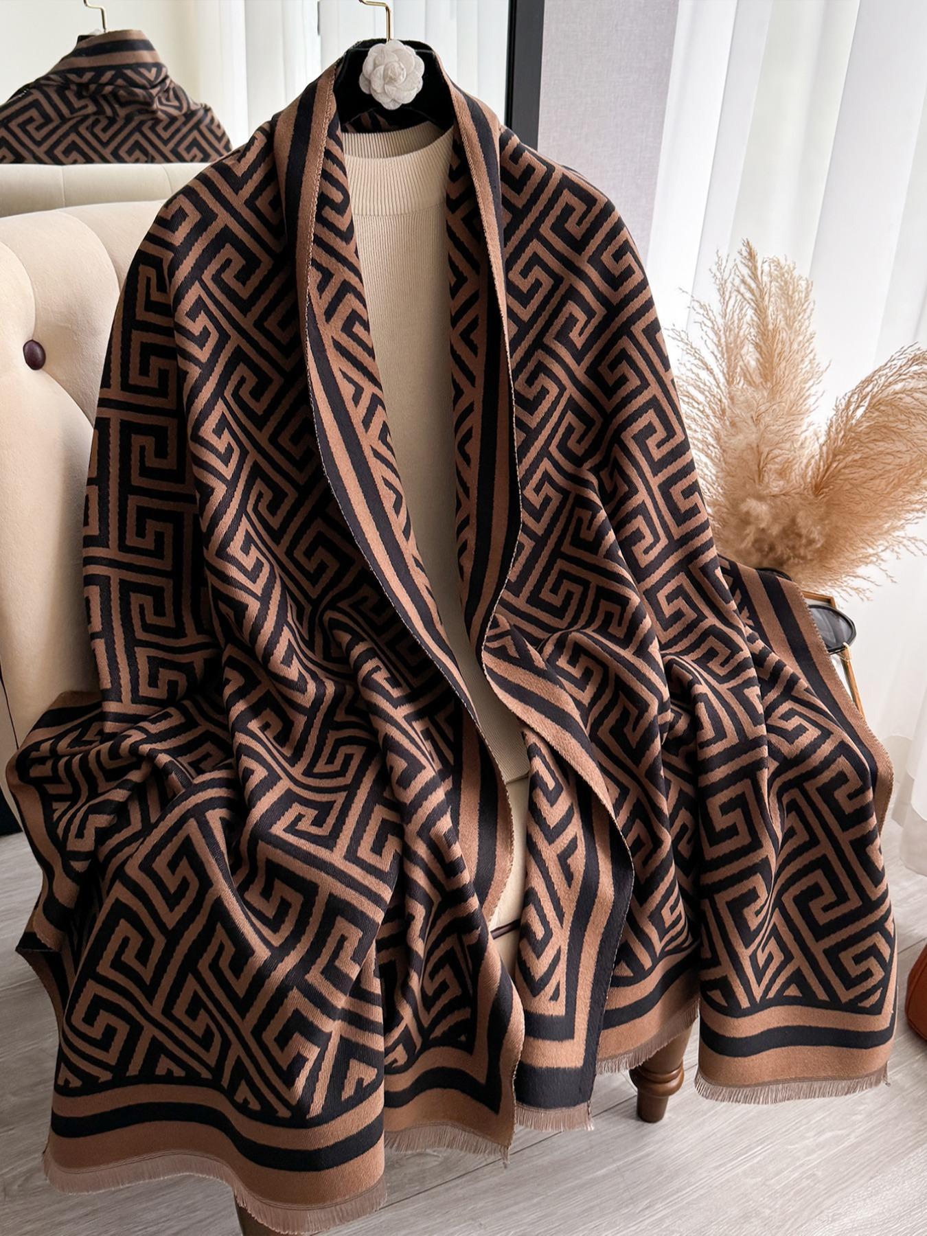 Boho Style Geometric Pattern Double Sided Thickened Shawl, Casual Soft Warm Long Scarf for Fall & Winter, Fashion Accessories for Women & Men