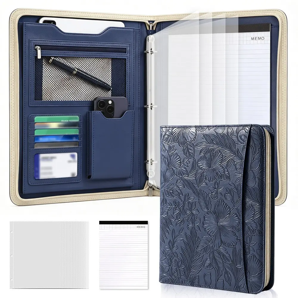 Floral Embossed Zipper File Organizer, PU Leather Multi-Pocket Document Holder, Business Office File Box, Laptop Paper Card Storage