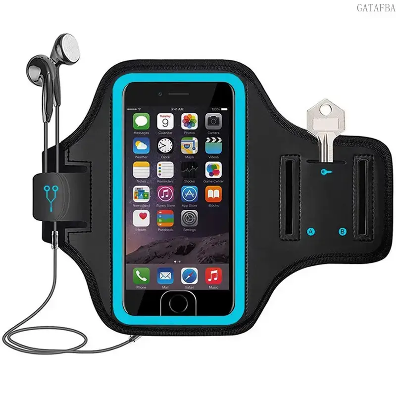 Water Resistant Sports Phone Armband, Adjustable Elastic Running Arm Holder with Key Pocket Earphone Slot, Universal Cell Phone Storage Sleeve for Gym Workout Cycling