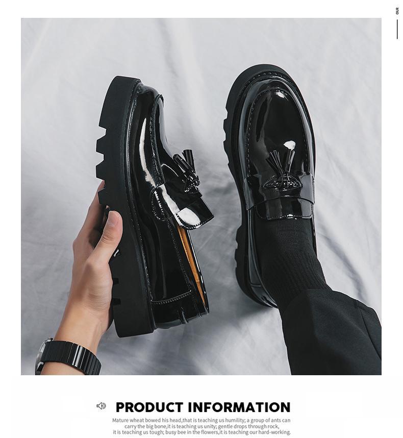 British Style Men's Fashion Loafers Patent Leather Tassel Loafers Black Thick-Soled Slip-on Formal Shoes Simple Casual Plus Size Dress Shoes for All Seasons