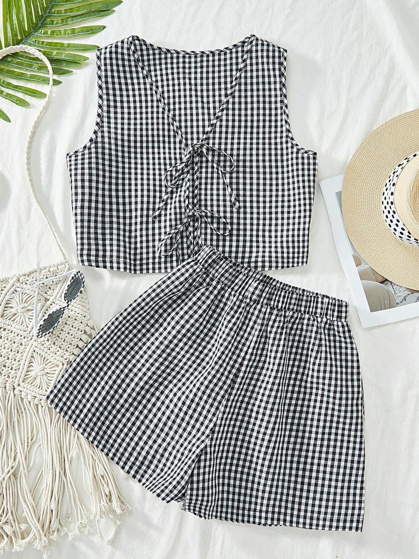2-piece plaid striped sleeveless crop vest top and high-waisted loose shorts women's casual suit