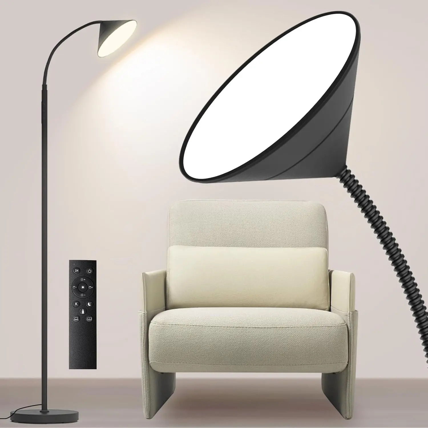 76" LED Floor Lamp, 18W/1800LM Super Bright Reading Standing Lamp, Stepless Dimmable&Adjustable Color Temperature 2700K-6500K w/Remote& Touch Control Lamps for Living Room Bedroom Office Black
