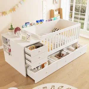 Montessori Bed with Storage, Convertible Crib to Daybed with Drawers, 2-in-1 Baby Crib with Solid Wood Guardrails,Changing Table & Storage Drawers,Compatible with standard US toddler mattresses,Toddler Bed with Safety Rail,  White