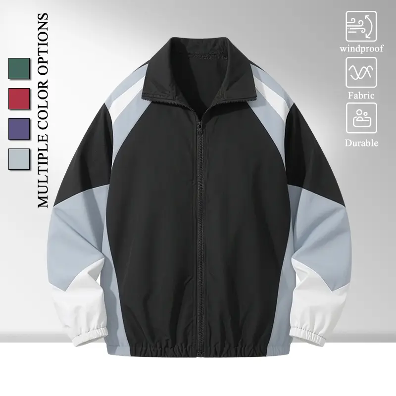 All Season Multi Color Block Raglan Stand Collar Wind Jacket for Men, Concealed Drawstring Attached Hood Elastic Cuff Hem, Durable Light Zip Up Windbreaker for Shopping Training Street Style