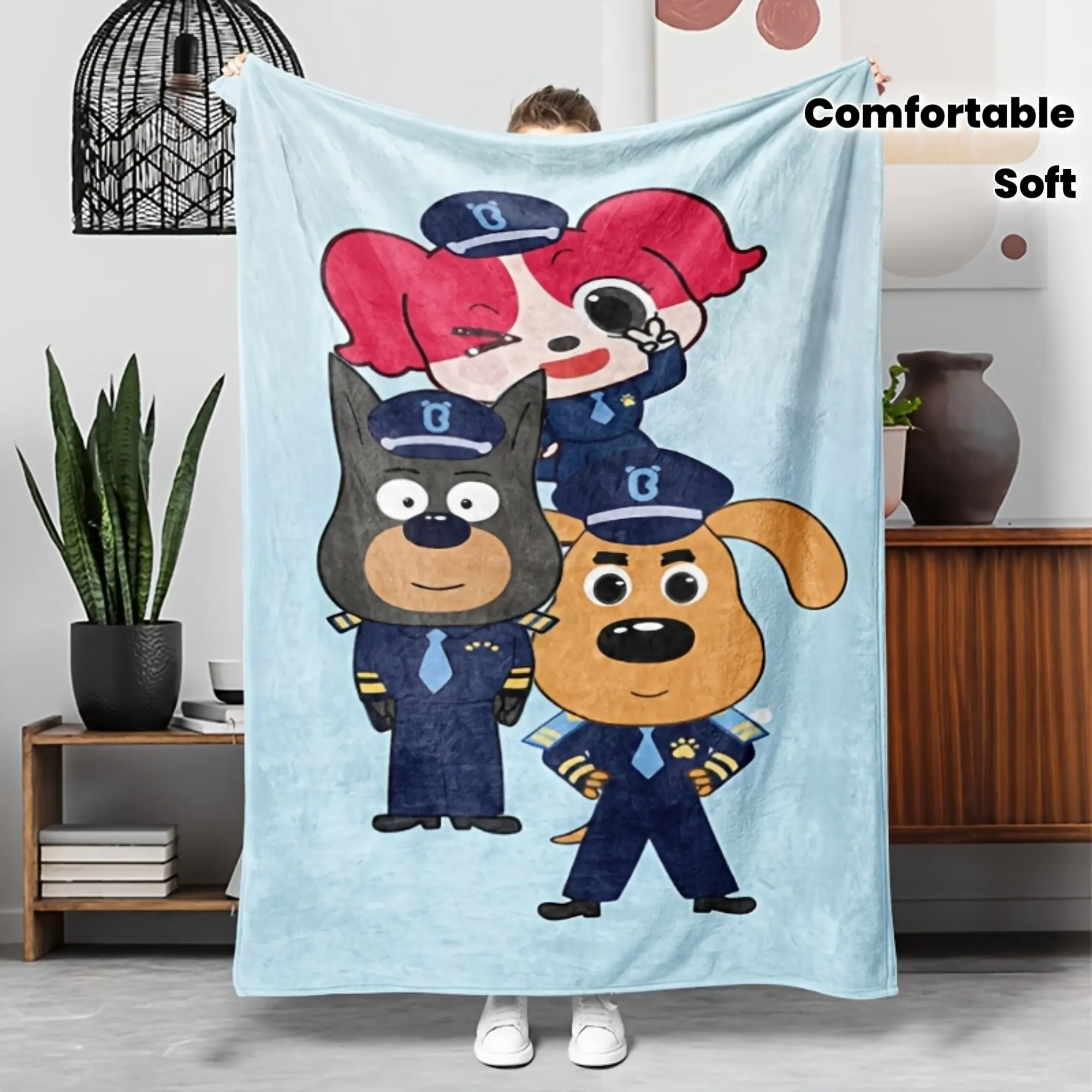Safety Sheriff Labrador Three Stack Police Dog Characters Light Blue Throw Blanket Soft Fluffy Flannel Fleece Warm Sofa Bed Blanket Cute Cop Animal Cartoon Toddler Nursery Kids Bedroom Decor Fan Gift
