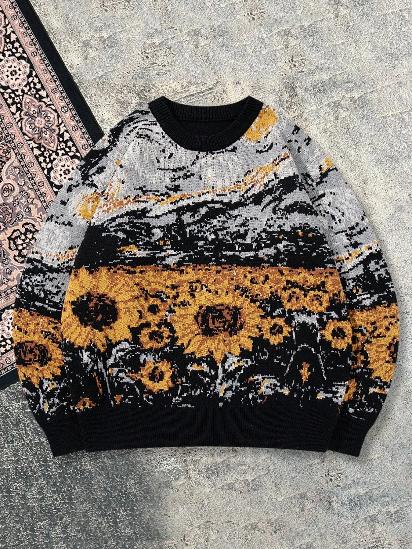 Men's Casual Long Sleeve Sweater, Floral Sunflower Pattern, Loose-Fitting, Round Neck, Spring & Fall, Ideal for Daily Wear, Home, Travel