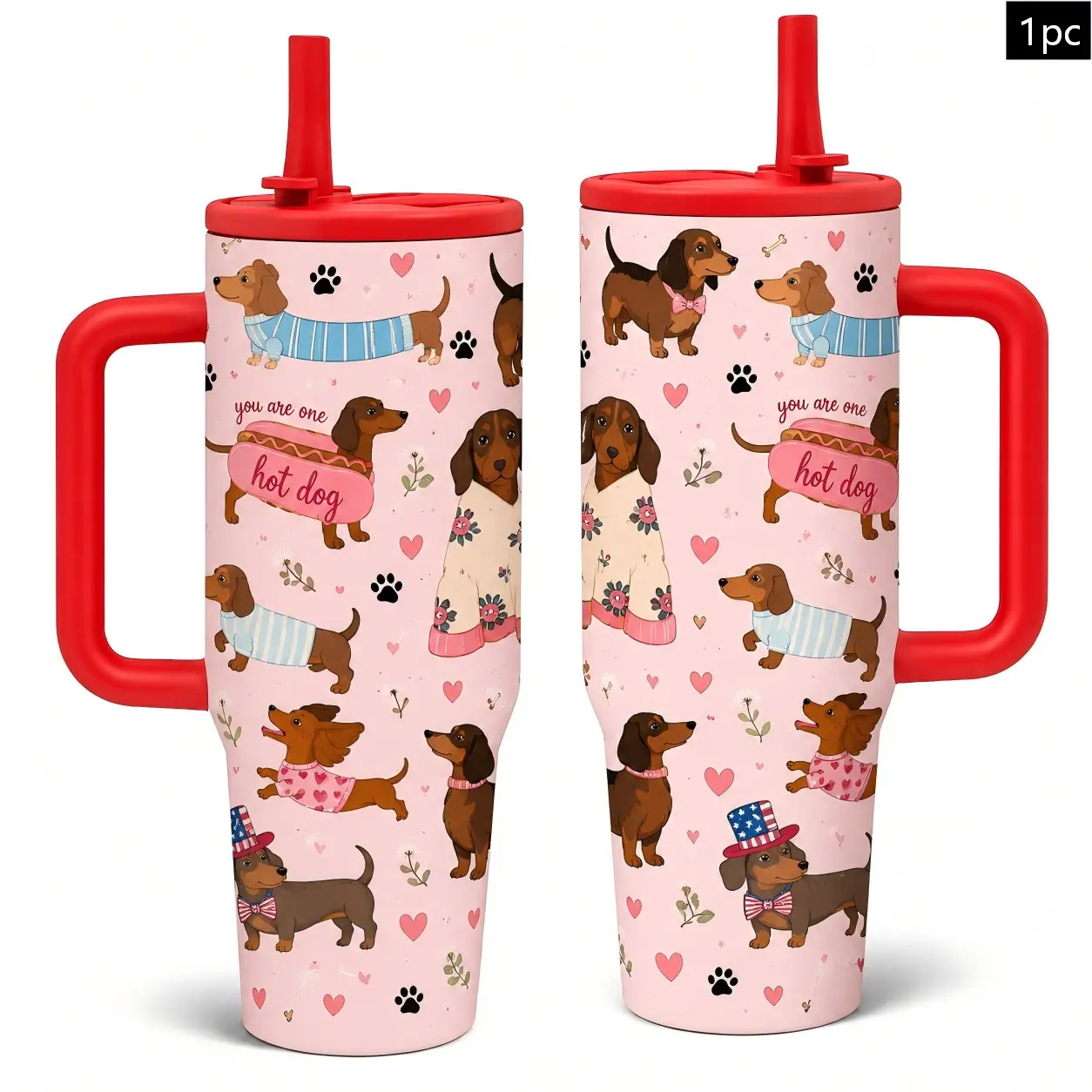 1pc 40oz Slim Dachshund Double Wall Vacuum Insulated Coffee Travel Mug with Handle & Leakproof Lid, Pink Wiener Dog Heart Paw Seamless Print Stainless Steel Thermal Tumbler with Straw, Drinkware, Retains Heat 12H & Cold 24H, Ideal Pet Lover Gift