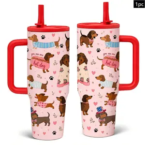 1pc 40oz Slim Dachshund Double Wall Vacuum Insulated Coffee Travel Mug with Handle & Leakproof Lid, Pink Wiener Dog Heart Paw Seamless Print Stainless Steel Thermal Tumbler with Straw, Drinkware, Retains Heat 12H & Cold 24H, Ideal Pet Lover Gift