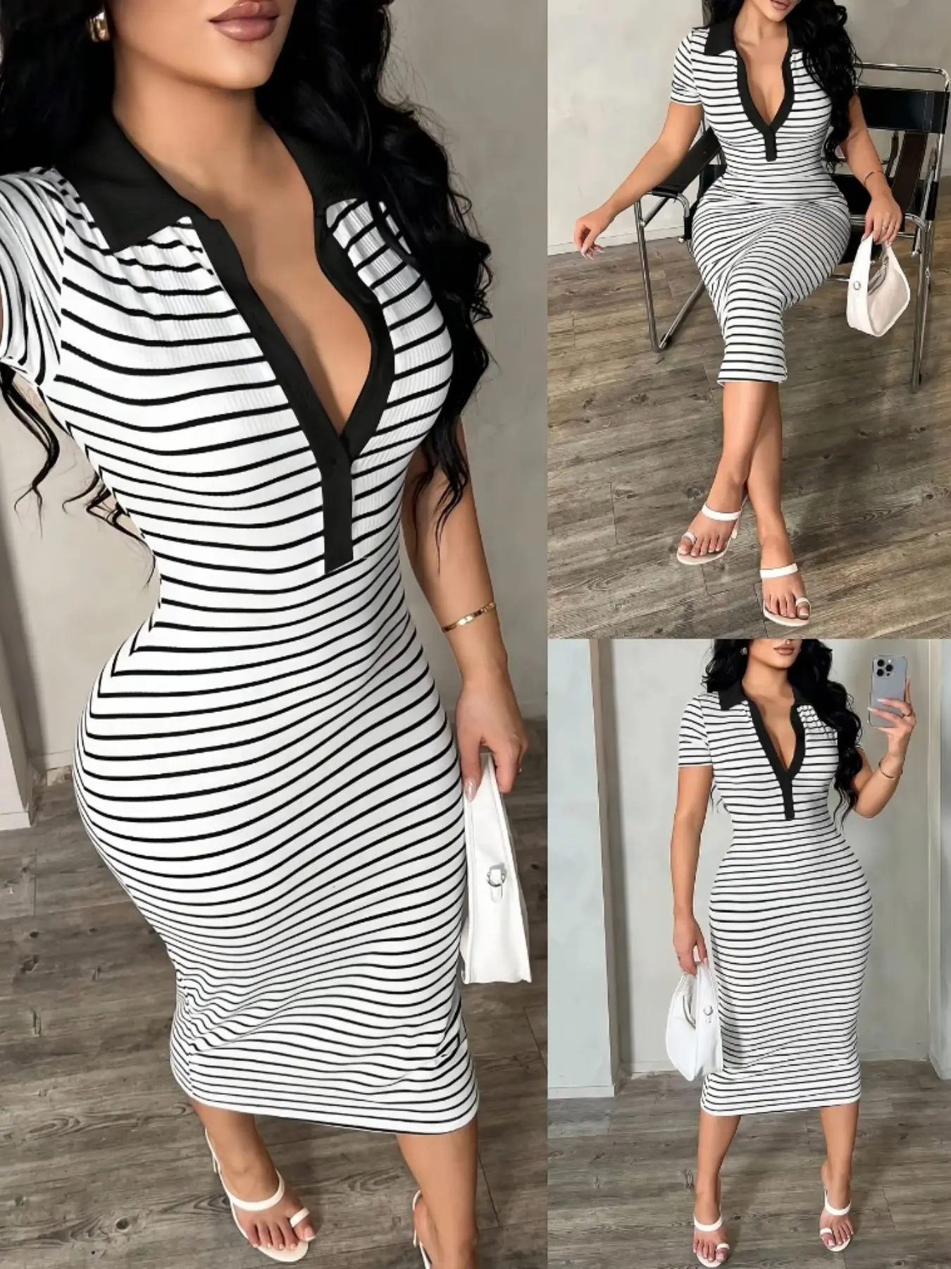 Women Striped Deep V Neck Short Sleeve Bodycon Midi Dress, Curvy Figure-Flattering Soft Elegant Casual Dress for Spring & Fall, Suitable for Daily Commute, Dates, Office, Vacations & Gatherings