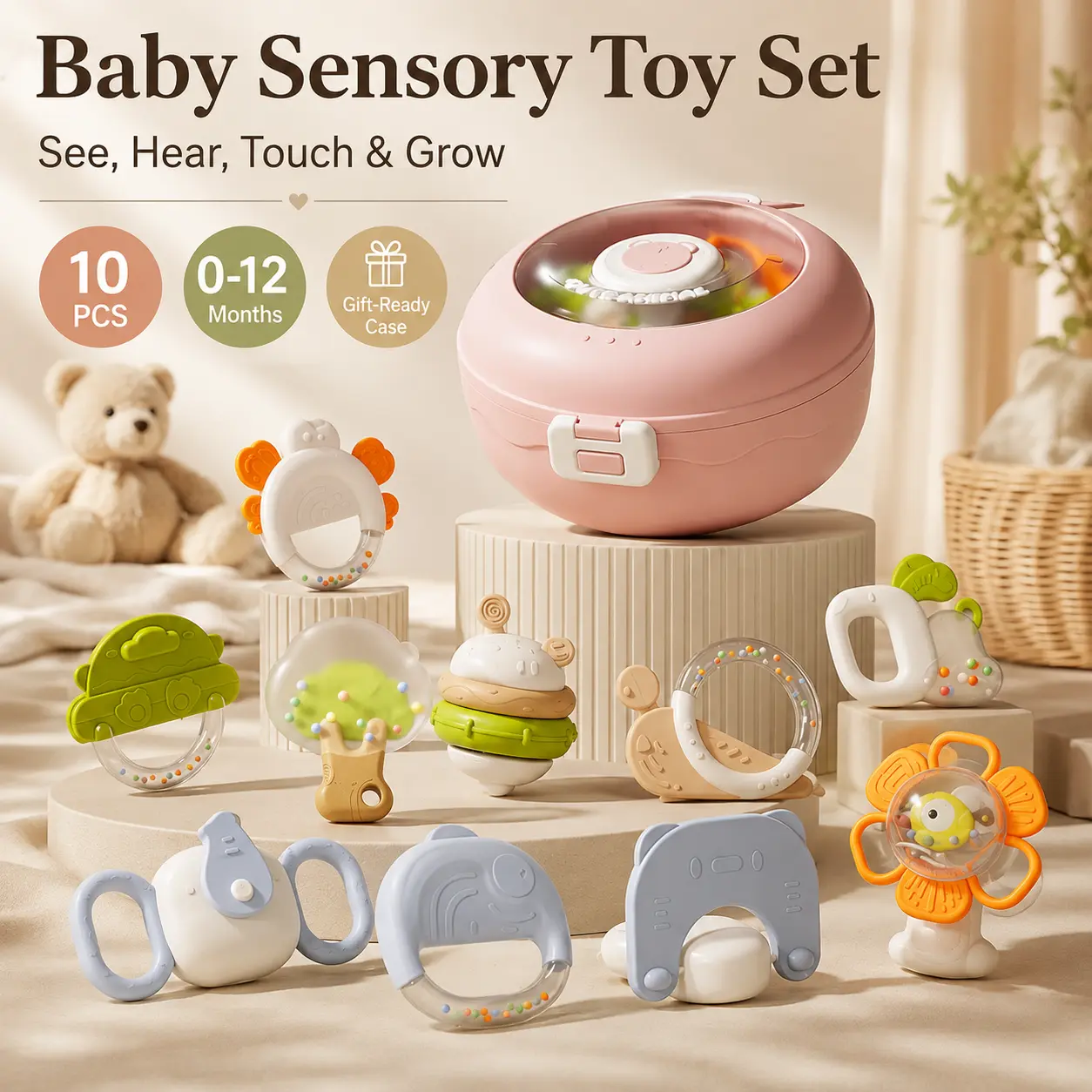 Baby Rattles & Teethers Gift Set, Newborn Sensory Toys with Easy-Grip Hand Rattles and Chewable Teethers, Baby Toys 0-6 Months, Teething Toys 3-6 Months, Baby Shower Gift Box
