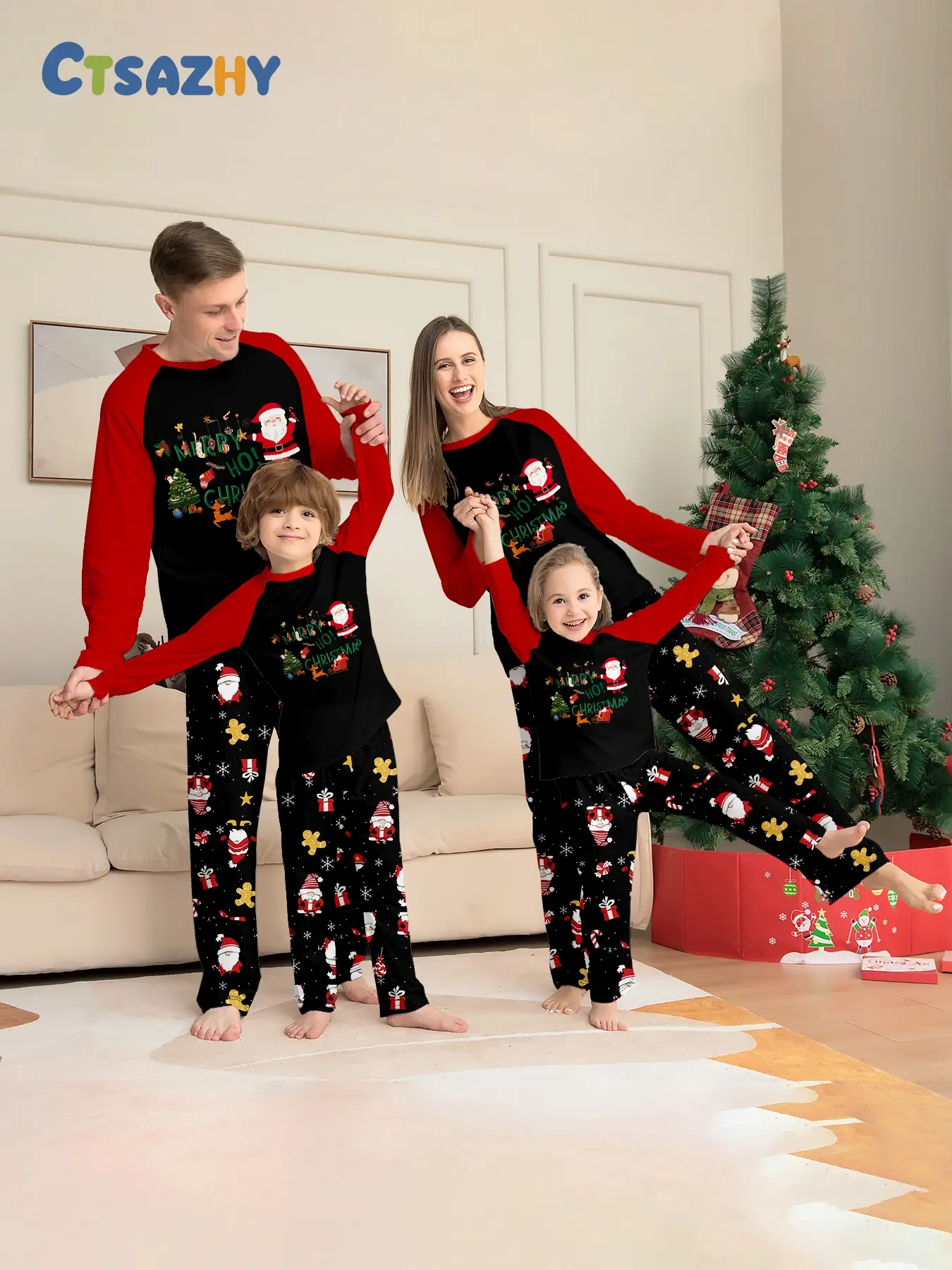 European Style Christmas Printed Family of Four Matching Pajama Set, Red Festive Long Two-Piece Outfit Set, Soft Skin-Friendly Breathable Knit Loungewear