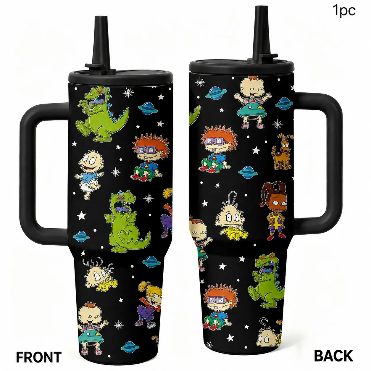 1PC 40oz Retro Cartoon Baby Dinosaur Star Planet Pattern Insulated Tumbler with Handle & Straw, Leak-Proof Lid, Double Wall Vacuum Stainless Steel Travel Mug, Hot 12H Cold 24H, Large Capacity Cup for Men and Women, Birthday Gift