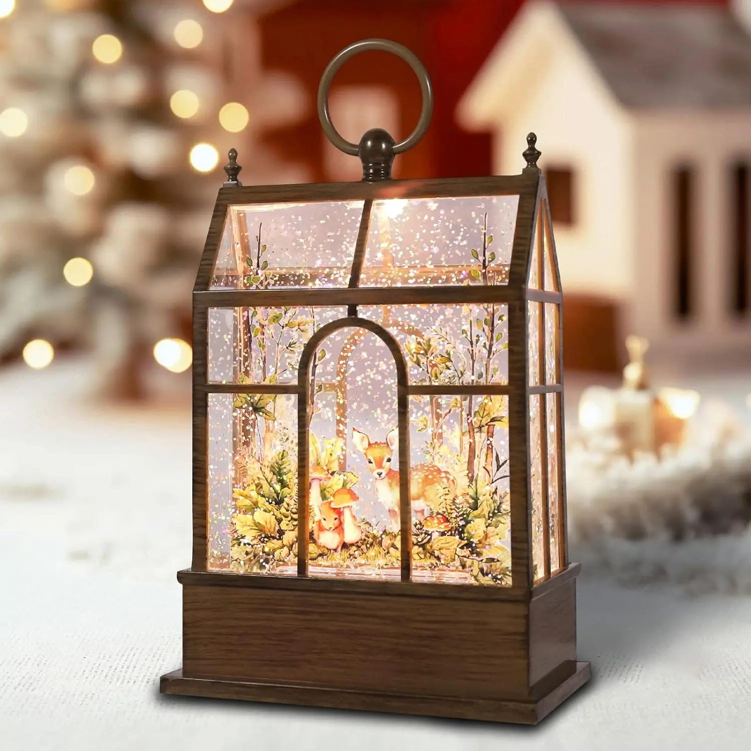 Christmas Snow Globe Lantern Greenhouse Glittering Water Globe with Little Lawn 6H Timer 3 AA Battery Operated for Christmas Festival Decorations Gifts