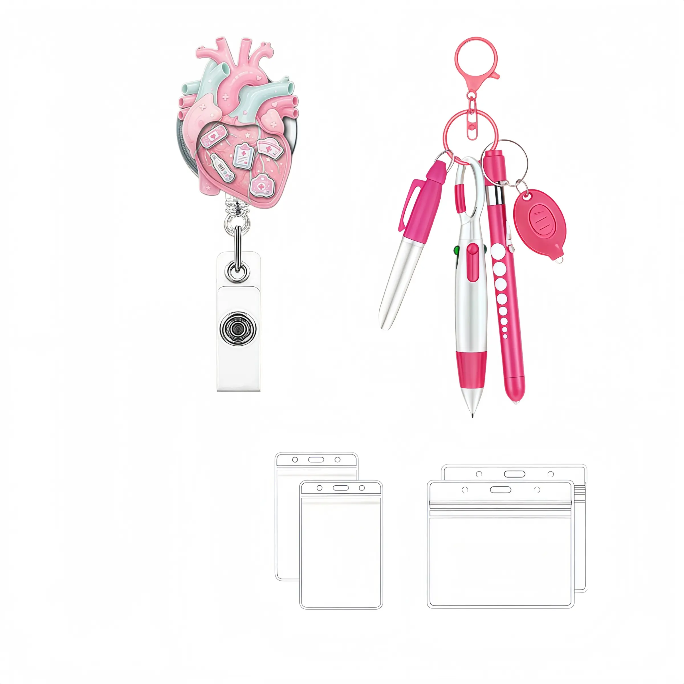 Cute Anatomical Heart Badge Set, Stretchable ID Badge Clip, Badge Reels, Multi-Functional Pen Keychain, Transparent Plastic ID Card Holder