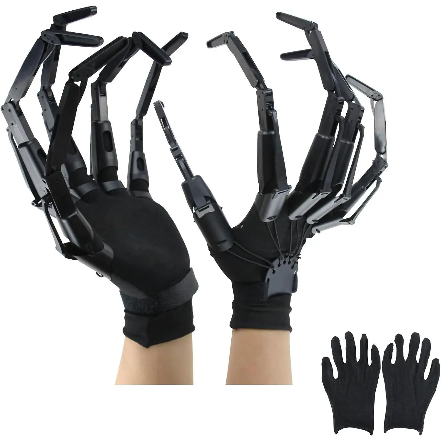 Halloween Articulated Fingers with Protective Gloves, Flexible Skeleton Claw Hands, Scary Finger Extensions, Creepy Costume Props, Black(Gift)