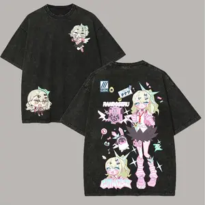 Ran & Chinatsu Jirai Kei Anime Double-Sided Vintage Washed Graphic T-Shirt, Harajuku Kawaii Punk Oversized Cotton Streetwear Tee, Unisex Black Top for Vtuber & Anime Fans