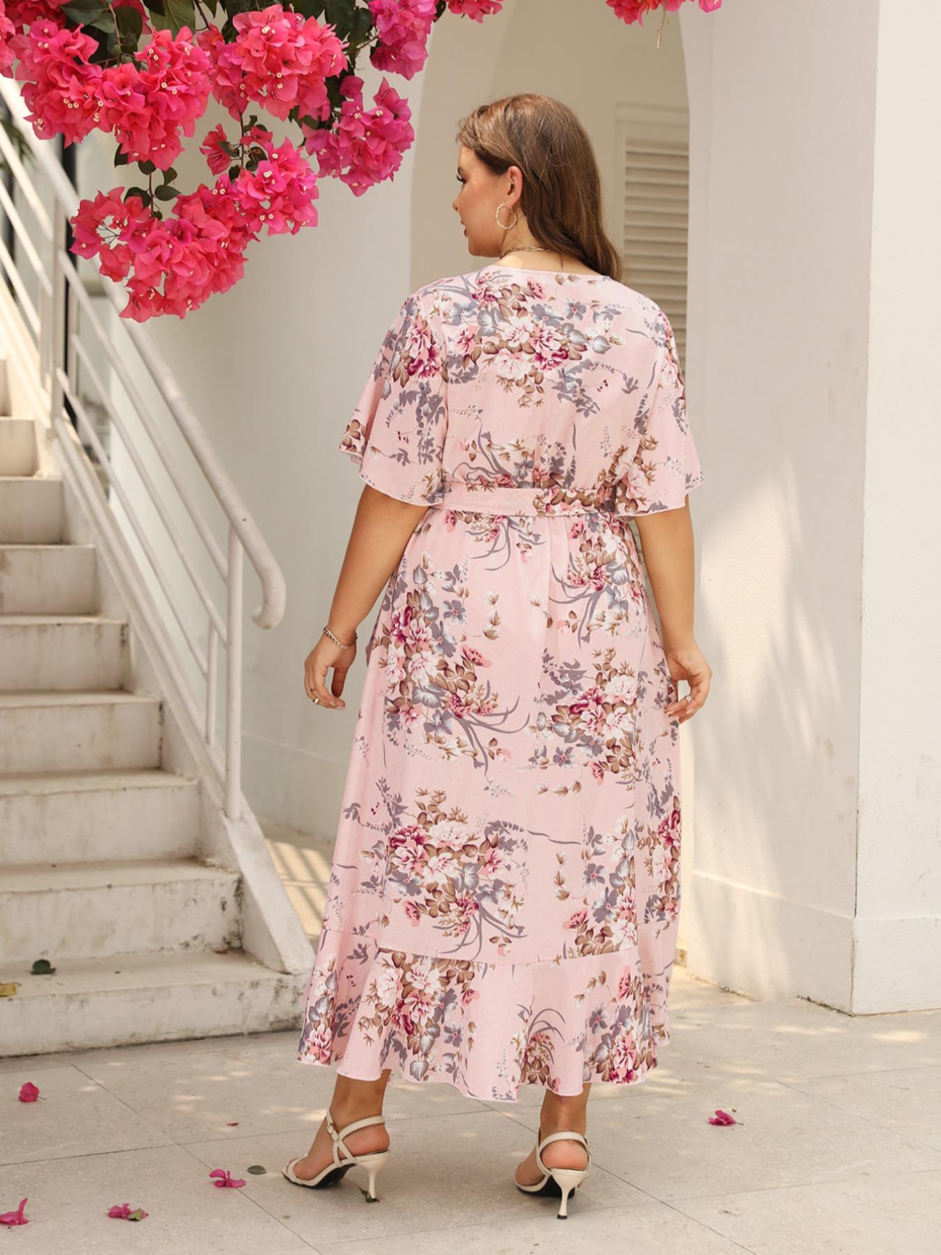 Plus Size Floral Print Ruffle Hem Belted Wrap A Line Dress, Boho Butterfly Sleeve V Neck High Low Midi Dress, Women Casual Clothing for Spring & Fall