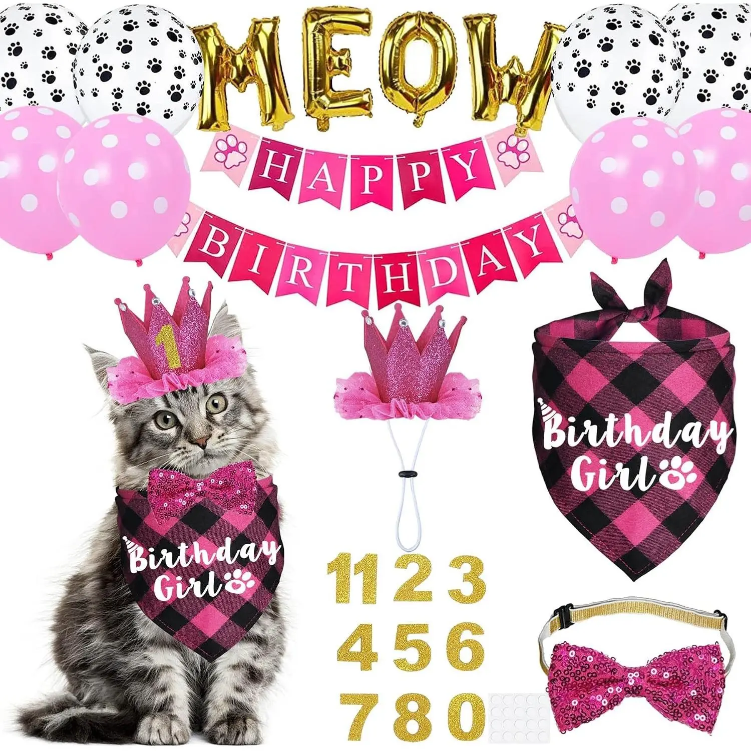 Cat Birthday Party Supplies, Cat Birthday Hat Crown with Number Bandana Bow Tie Banner Balloons Meow Balloons for Cats Kittens Decorations