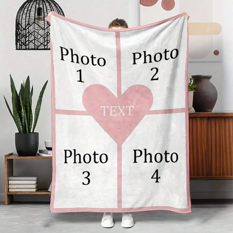 Custom Couple Photo Flannel Throw Blanket, Pink Heart 4-Panel Collage Blanket with Personalized Text Area, Soft Cozy Warm Blanket for Couples, Anniversary, Valentine’s Day & Romantic Memory Gift