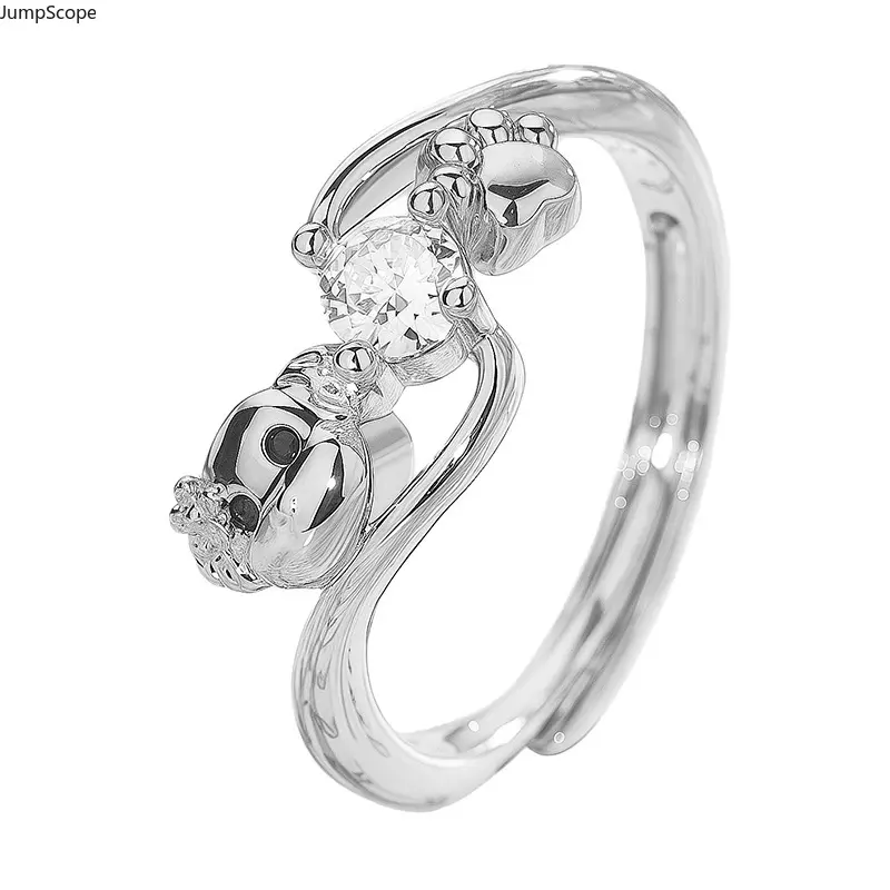 Women's Silver Adjustable Open Puppy Paw Cubic Zirconia Ring - 3D Dog Pet Finger Band, Stackable Index Finger Jewelry, MDF-Steel Gift for Pet Lovers