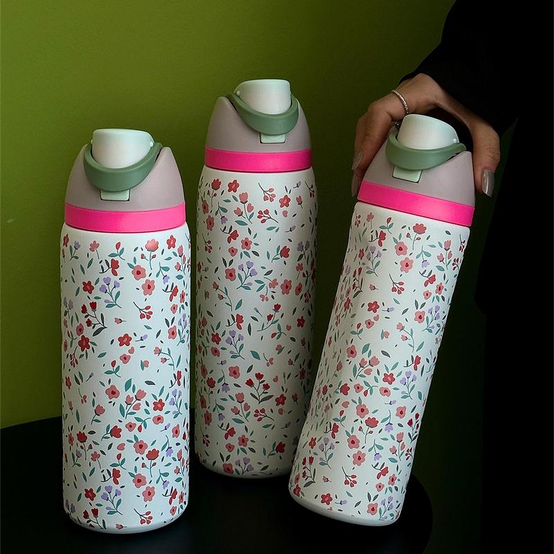 Floral Pattern Stainless Steel Vacuum Flask, 1 Count 24oz-32oz-40oz Water Bottle with Straw, Stainless Steel Thermos, Drinking Cup for Home Office School Outdoor, Portable Drinkware, Insulated Mug, Leakproof Insulated Tumbler