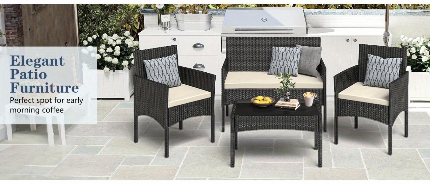 4-Piece Outdoor Wicker Rattan Patio Furniture Set – Black Conversation Set with Waterproof Cushions and Side Table, Ideal for Lawn, Backyard, Garden, Balcony, Porch & Poolside, Perfect for Outdoor Gatherings and Relaxation 4-Piece Outdoor Wicker Rattan Patio Furniture Set – Black Conversation Set with Waterproof Cushions and Side Table, Ideal for Lawn, Backyard, Garden, Balcony, Porch & Poolside, Perfect for Outdoor Gatherings and Relaxation
