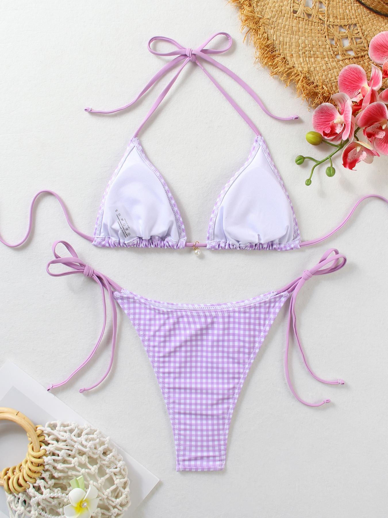 Two-piece Set Women's Gingham Print Halter Ruched Bikini Set, Casual Fashion Chic Swimwear Set for Beach Holiday Vacation, Ladies Swimsuit for All Seasons