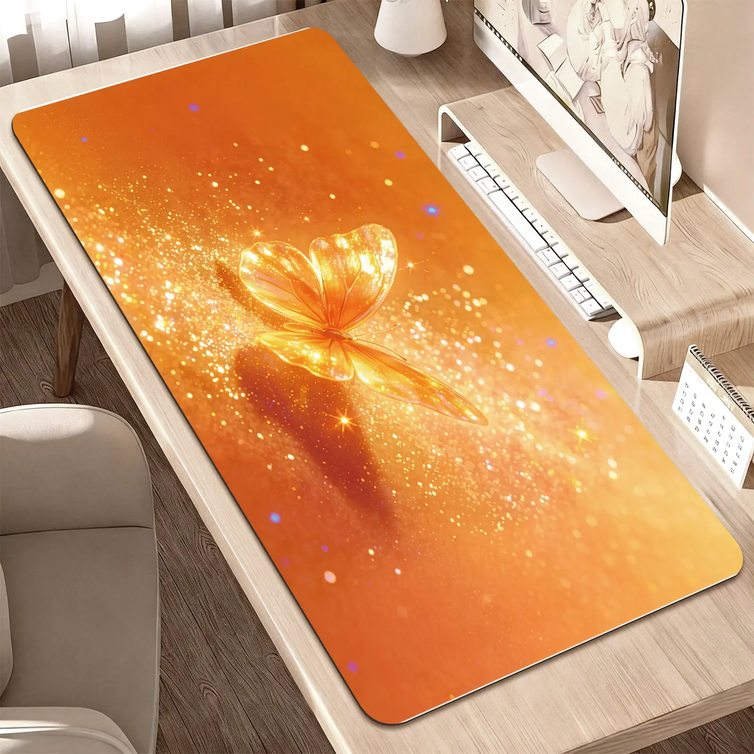 Premium Butterfly With Orange Glitter Illustration High Quality Mouse PadModern Office Gaming Comfort ExperienceNon?Slip Durable For Daily Work And Play 40*80cm 40*90cm30*70cm