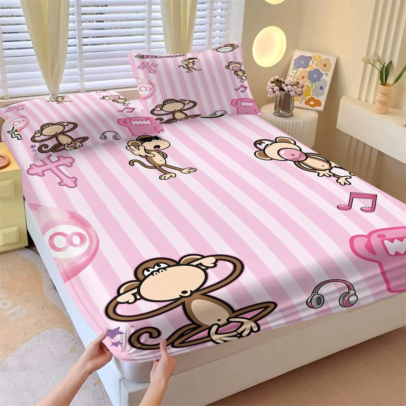 Pastel Pink Vertical Stripe Bubble Gum Monkey Print Fitted Sheet Set (1 Fitted Sheet + 2 Pillowcases),Durable Wrinkle Free Microfiber,Cartoon Music Decor For Girly Dorm & Little Girls Play Bedroom
