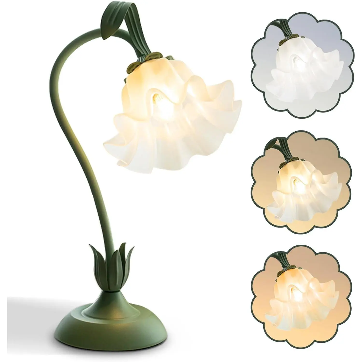 Flower Table Lamp, LED Reading Light, 3 Color Modes, Vintage Bedside Night Light, Kawaii Decor for Living Room Bedroom, Home Decoration Table Lamps (Green)