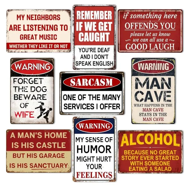 9Pcs Funny Sarcastic Warning Metal Tin Sign Vintage Distressed Rust Man Cave Garage Alcohol Humorous Quote Wall Plaque Decor for Bar Workshop Basement Backyard Indoor Outdoor Hanging Wall Art Decor