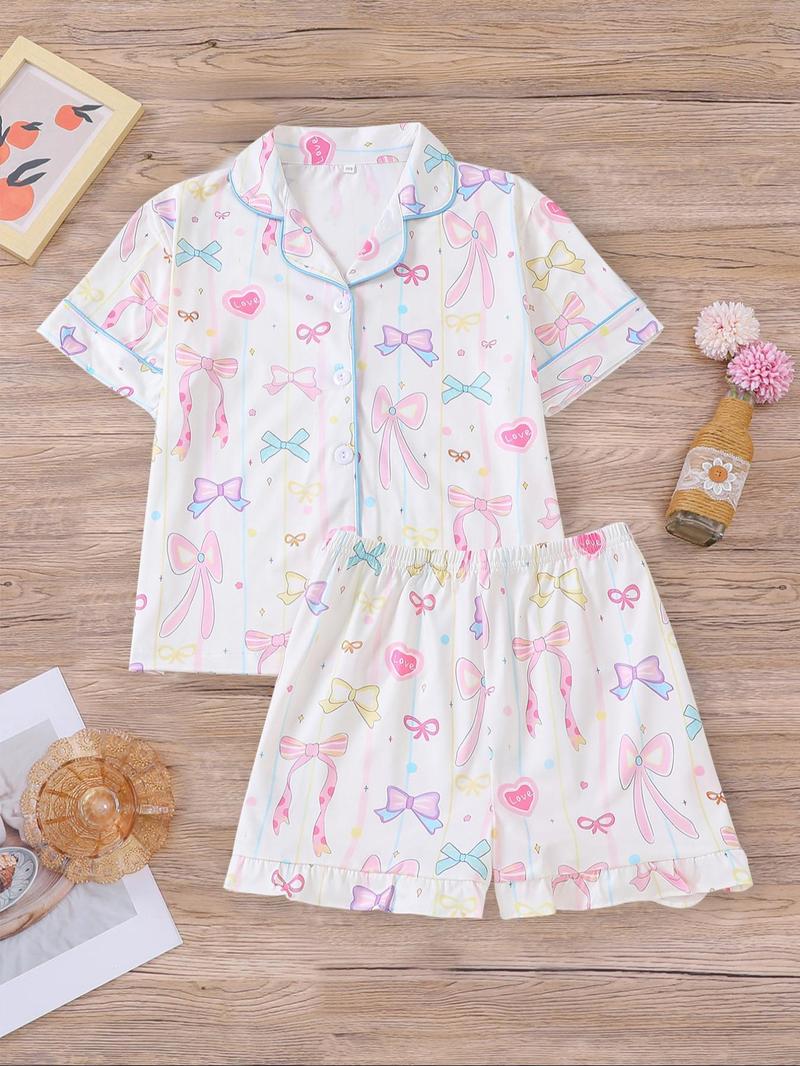 Girl's Bow Print Top & Shorts Pyjama Sets, Cute Casual Comfy Short Sleeve Top & Shorts Set, Kids Sleepwear for Summer, Pajama Set