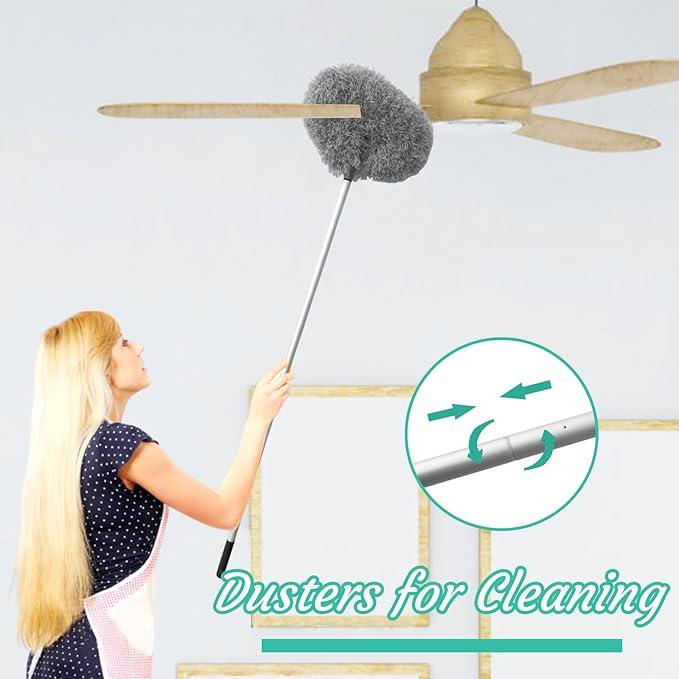 Extendable Microfiber Ceiling Fan Duster -LongHandle, Dust-Locking, Reusable & MachineWashable, Effortless Cleaning Brush for HighCeilings & Ceiling Fans, Ceiling Fan Cleaner Detachable Heads -Blue