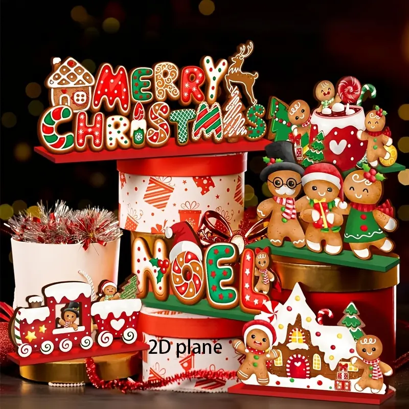 Decorative Sign & Plaque, 2D Flat 6 Pieces Christmas Gingerbread Wooden Table Ornaments, Christmas Table Decorations, Merry Christmas Table Signs, Rustic Farmhouse Gingerbread Man Decor for Home Tabletop