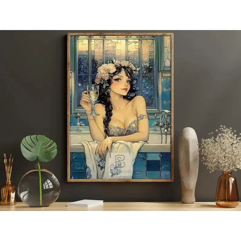 Elegant Woman Bath Canvas Print, Vintage Glamour Poster, Classic Beauty Wall Art