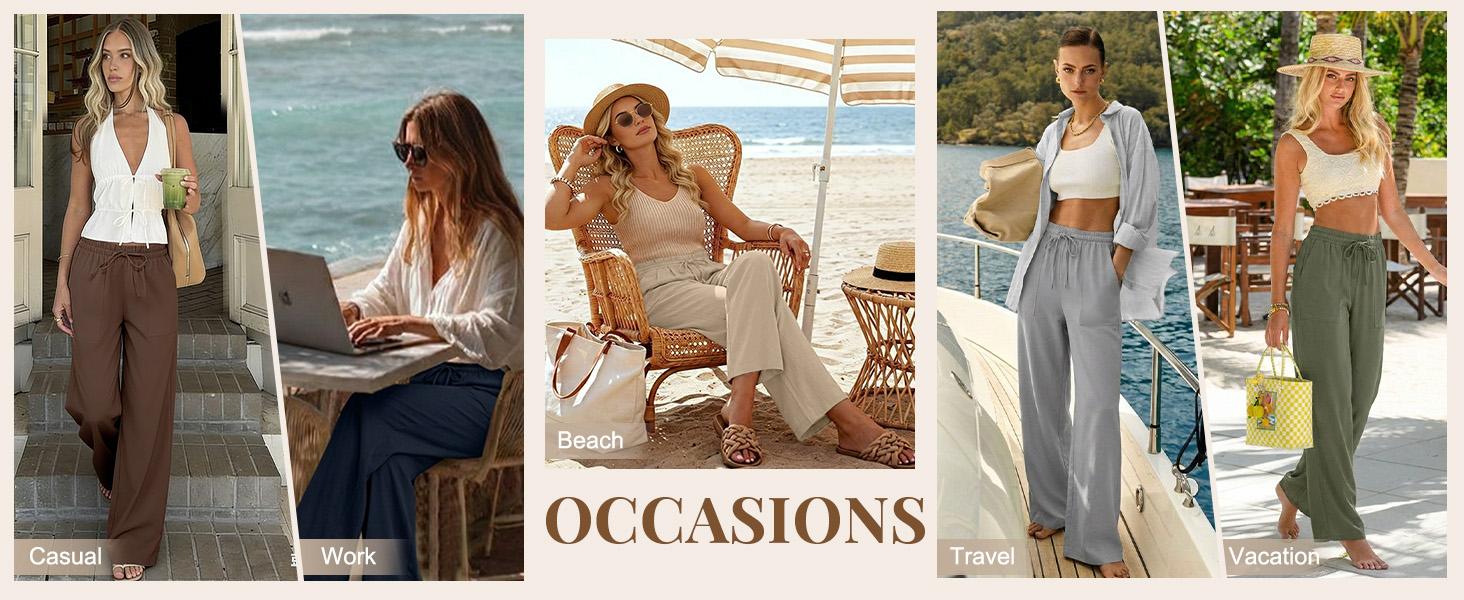 Womens Linen Wide Leg Pants, High Waisted Flowy Palazzo with Pockets Summer Drawstring Trousers Beach Travel Work