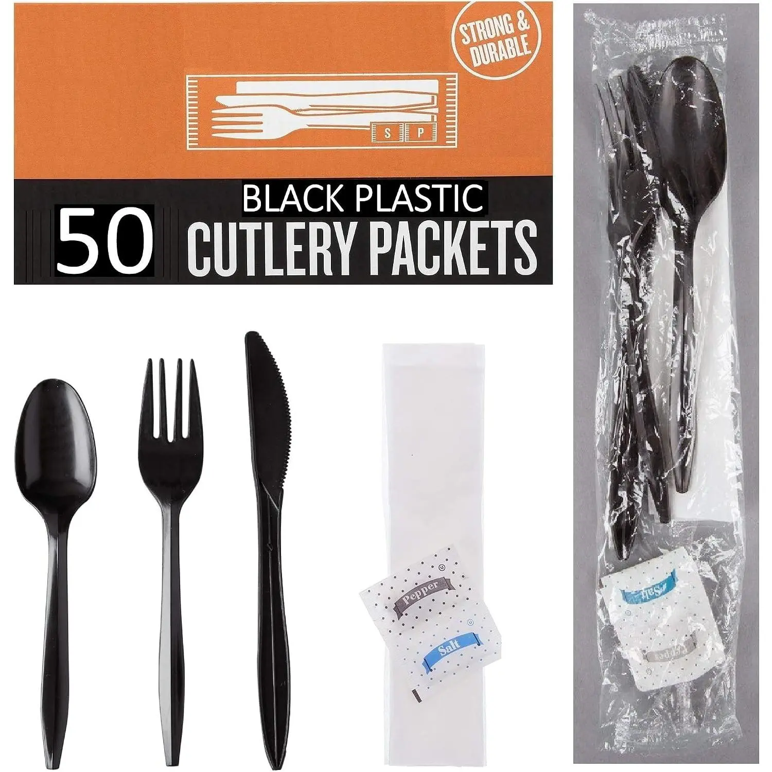 50 Plastic Cutlery Packets -  Fork Spoon Napkin Salt Pepper Sets | Black Plastic Silverware Sets Individually Wrapped Cutlery Kits, Bulk Utensil Cutlery Set Disposable To Go Silverware