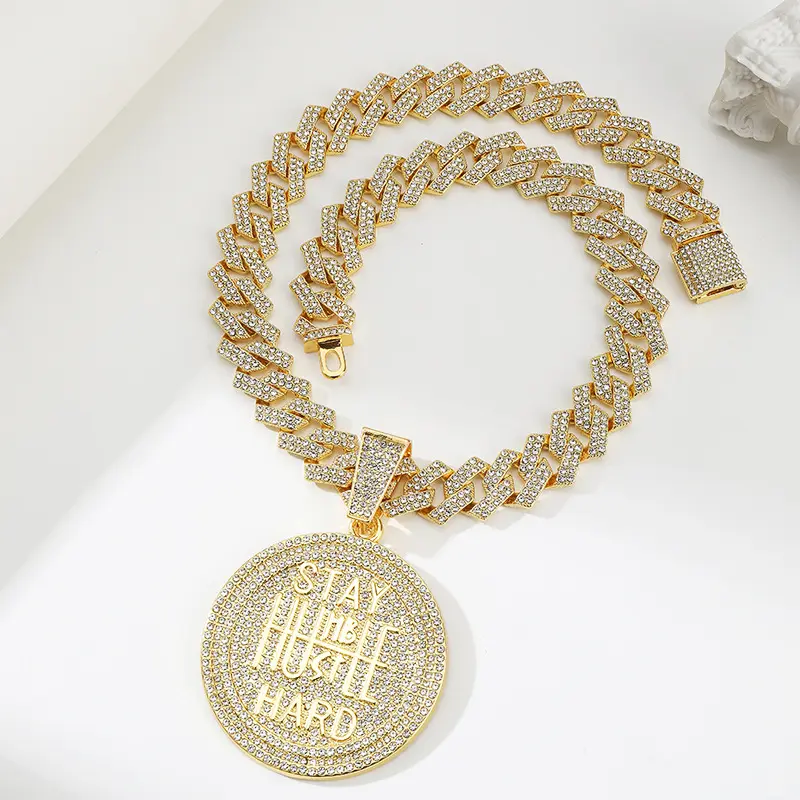 Gold Plated Stay Humble Hustle Hard Pendant for Men, Iced Out Cuban Link Chain Necklace & Bling CZ Medallion Hip Hop Jewelry Gift for Boyfriend