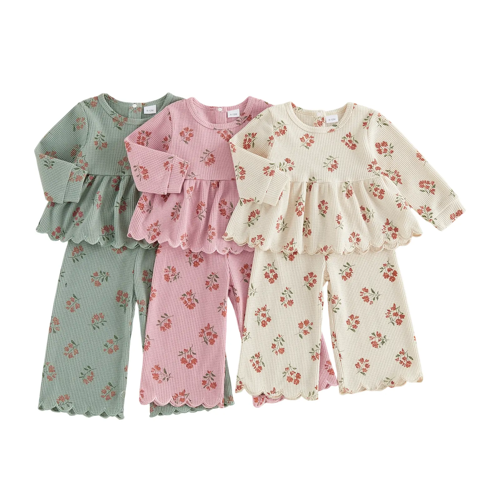 Toddler Baby Little Girls Fall Outfits Scalloped Trim Floral Print Long Sleeve Tops and Elastic Pants Set Clothes 1-5 Years