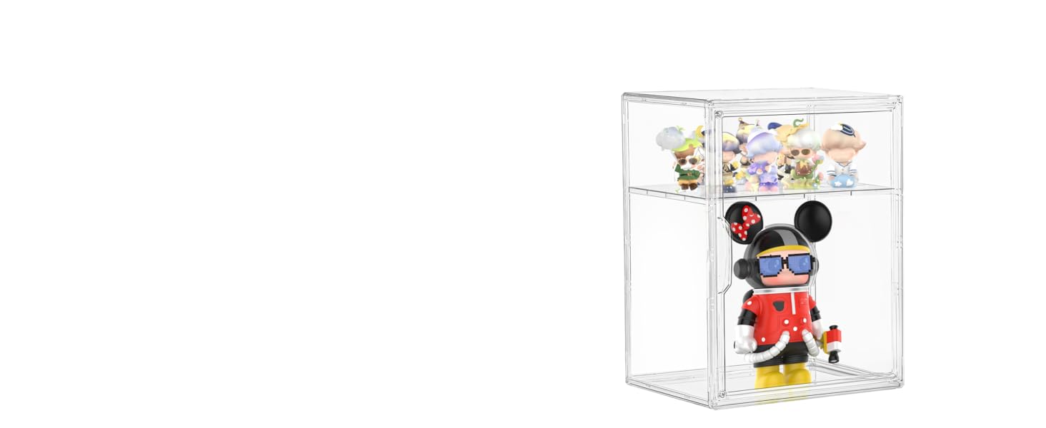 Acrylic Display Case for Collectibles, Clear Storage Bin with 3 Adjustable Layers and 1 Removable Divider, Stackable Clear Storage Box with Magnetic Door for Figures, Home or Office,Large