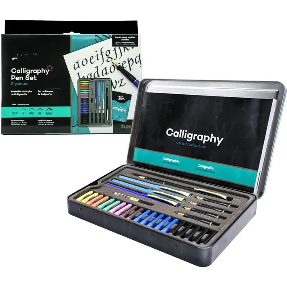 Calligraphy Set, 32 count. Includes Calligraphy Pens, Calligraphy Nibs, Ink Cartridges, Introduction Booklet and Exercise Booklet, Packaging May Vary