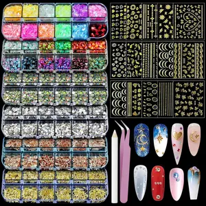 Nail Art Glitter Studs Kit, 6 boxes Multicolor and Design 3D Charms With 15 Sheets Gold Nail Stickers, Diamond Cute Nail Jewels For DIY Decoration with Pickup Toolsfidget toys