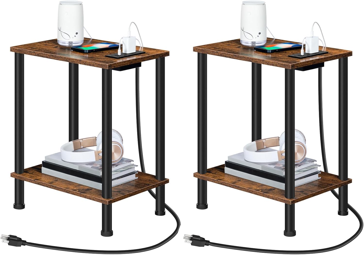 Side Table with Charging Station, Set of 2 End Tables with USB Port and Outlets, Nightstand with 2-Layer Storage Shelves for Small Spaces, Living Room, Bedroom, Rustic Brown