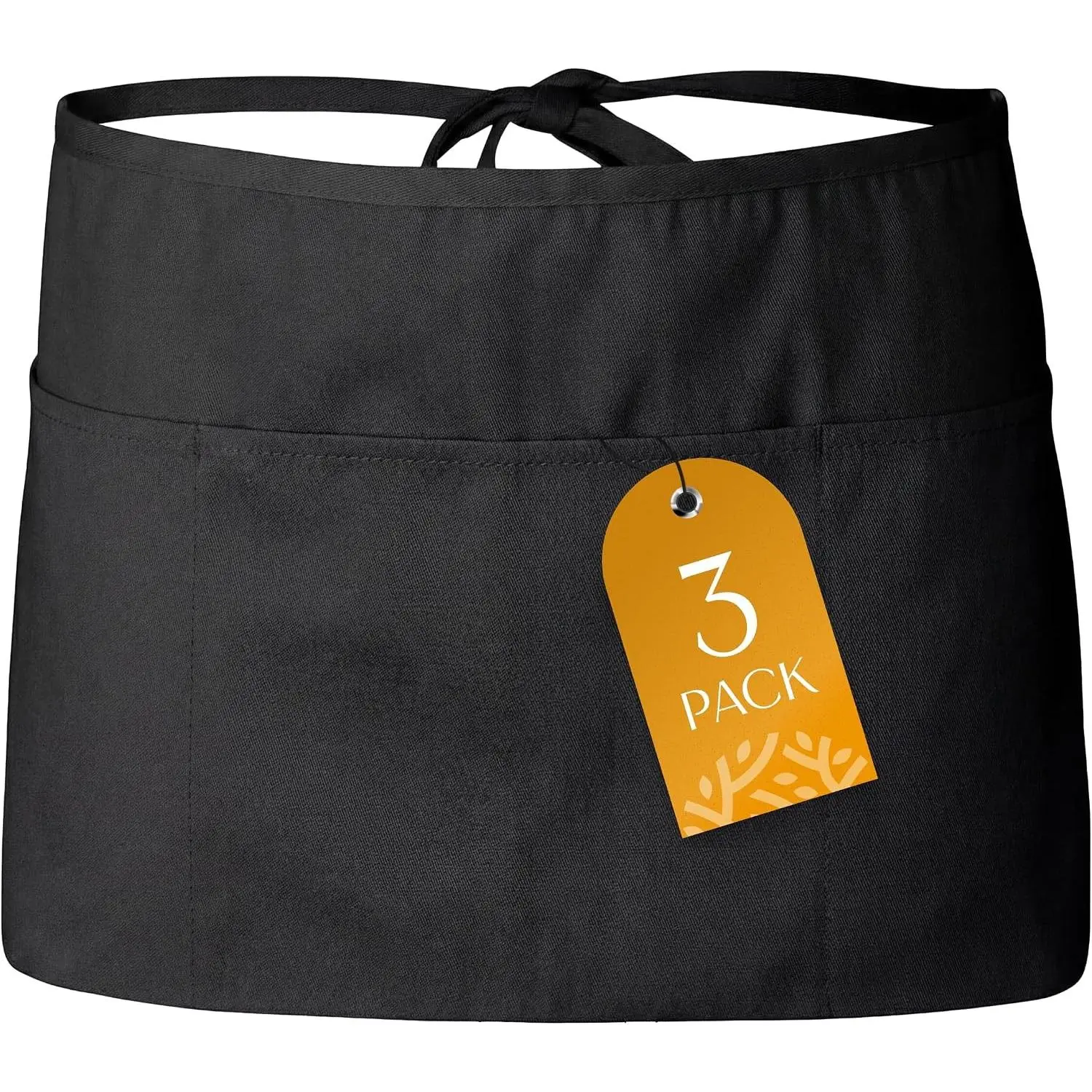 White Classic 3 Pack - Black Server Waist Aprons with 3 Pockets, Waitress Half Apron