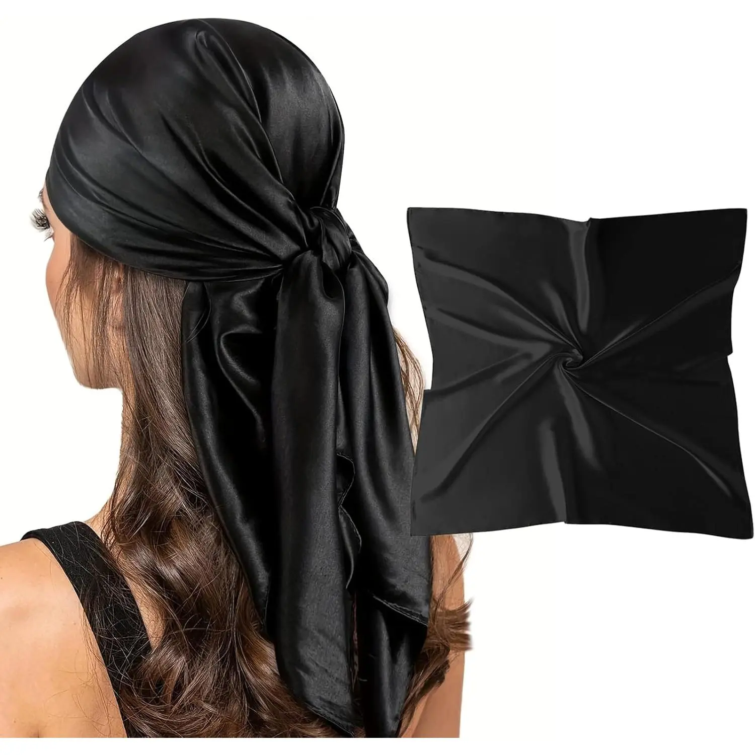 Women's 35in Square Silk-Like Satin Multi-Use Scarf - Bandana Necktie, Head Wrap for Nighttime Hair Care, Waist Band, Hijab Bag Decoration (Solid or Floral Options), Bandana Style