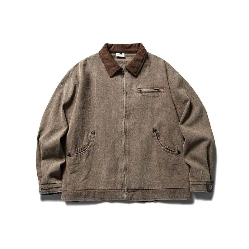 Vintage Washed Letter Embroidered Denim Jacket, Unisex Loose Fit, Workwear Coat Clothes Menswear Tops Gamis Beige Black Casual Long Sleeve