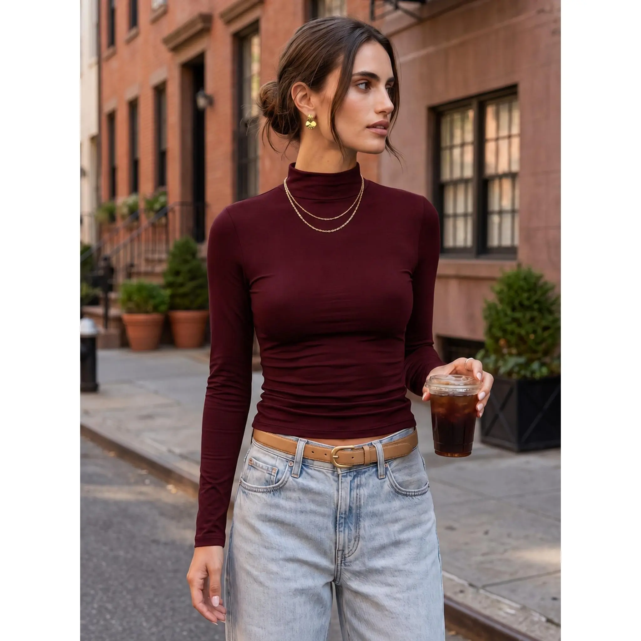 Women's Fitted Mock Neck Top, Trendy Long Sleeve Street Style Basic